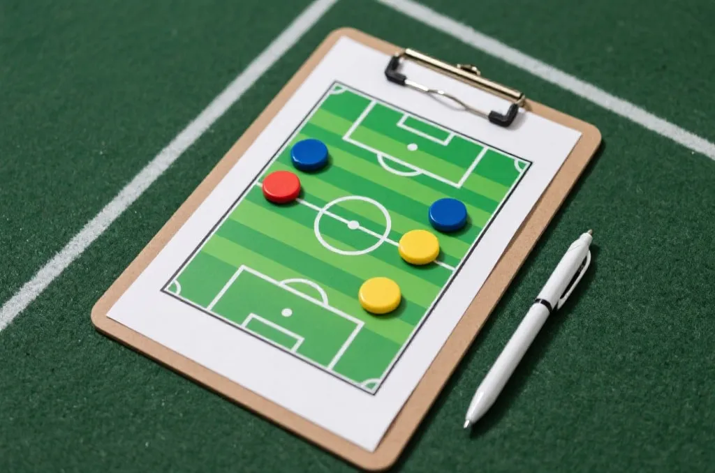 A coach's tactical clipboard with soccer field diagram, generic pen, and colorful magnet markers, flat lay, sports analysis