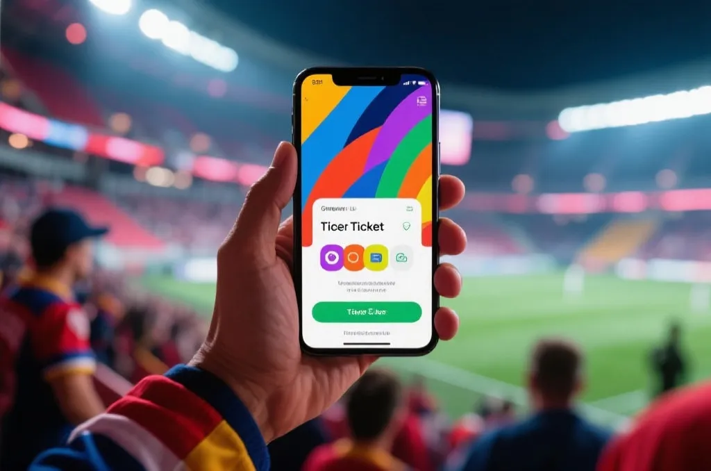 Smartphone showing a generic digital ticket app inside a sports stadium