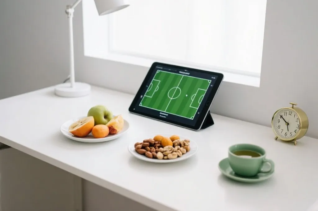 A clean minimalist desk with a digital tablet displaying soccer pitch tactics, a healthy late-night snack plate of nuts and fresh fruits, a cup of green tea, and a small elegant desk clock